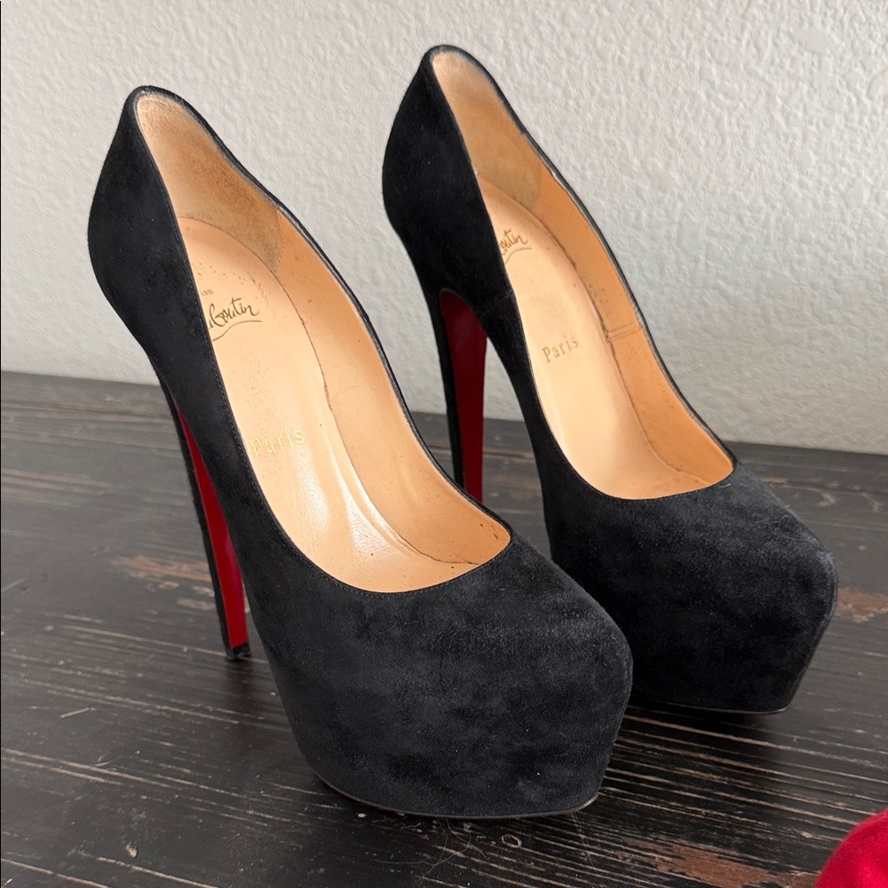 Christian Louboutin Black Suede red bottom heels, vintage discontinued style